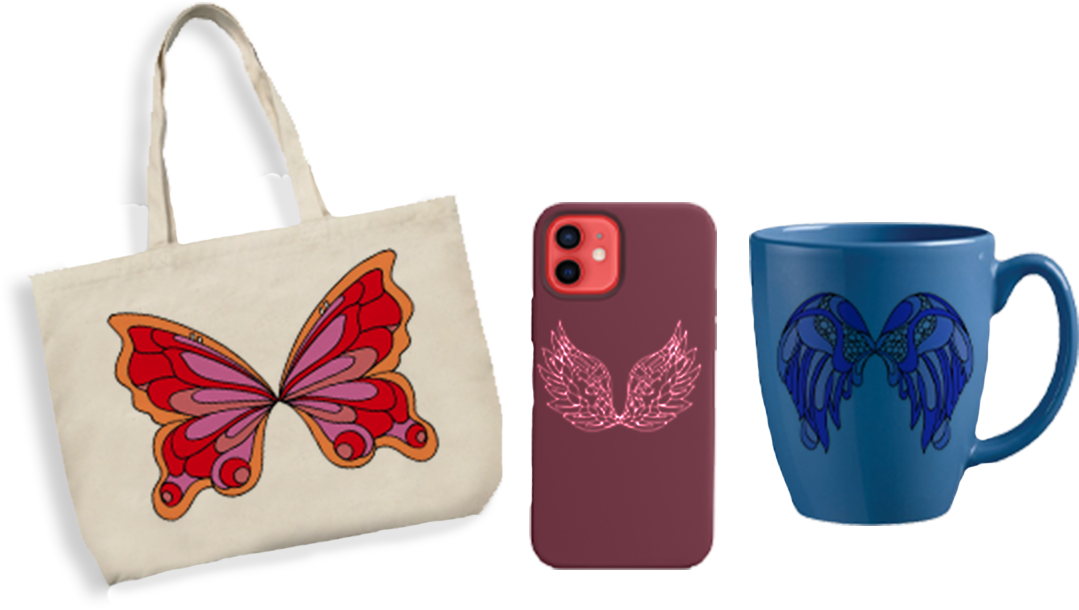 Photo of beach bag with butterfly design, cell phone cover with wings design and coffee mug with wings design.
