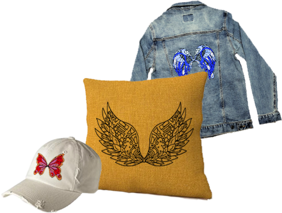 Image of embroidery crafts. Shown are a ball cap, denim jacket and a pillow.